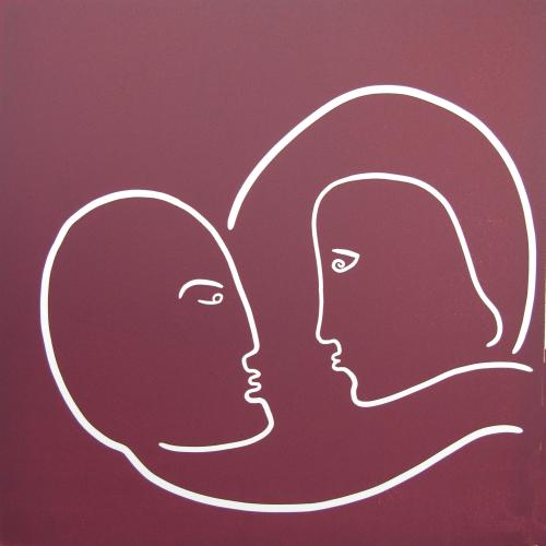 Lovers - Linocut, plum ink, by Jane Bristowe