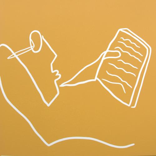 Reading on the Beach - Linocut, sandy yellow ink, by Jane Bristowe
