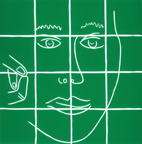 Through the Window - Linocut, green ink, by Jane Bristowe