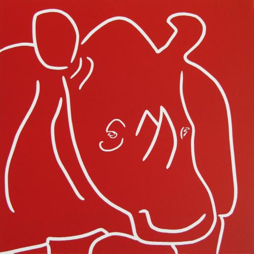 Rhino Big Head - Linocut, red ink, by Jane Bristowe