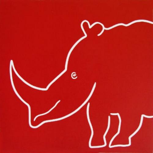 Rhino Smiling - Linocut, red ink, by Jane Bristowe