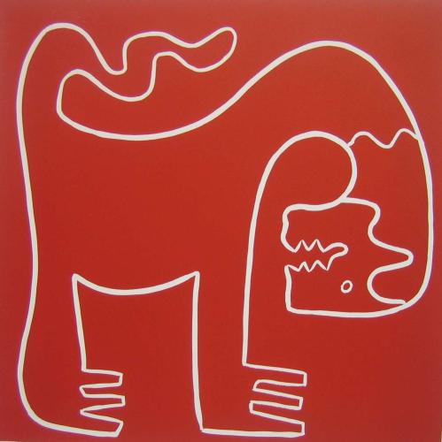 Lion - Linocut, red ink, by Jane Bristowe