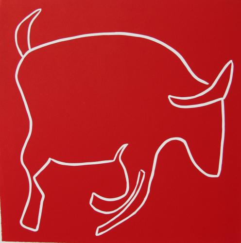 Running Bull - Linocut, red ink, by Jane Bristowe