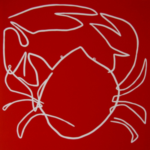 Crab - Linocut, red ink, by Jane Bristowe