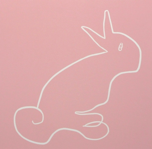 Rabbit - Linocut, pink ink, by Jane Bristowe